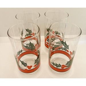 Vintage Libbey Glass Holly & Berries Christmas 16 oz. Flat Tumbler Set of 4